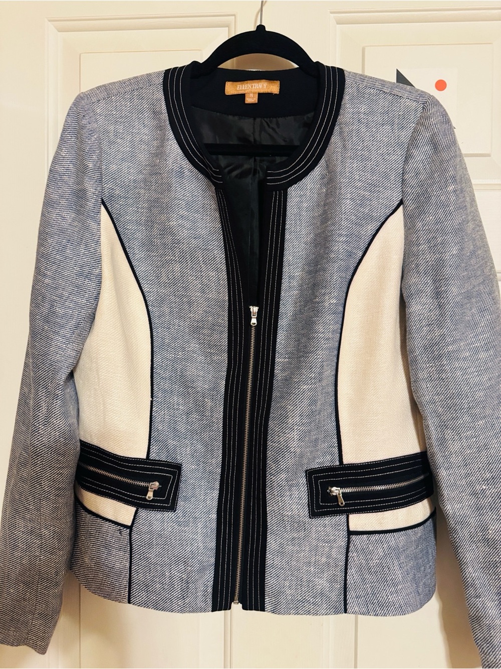 Ellen Tracy Blue and Cream Zip-Front Tweed Jacket
